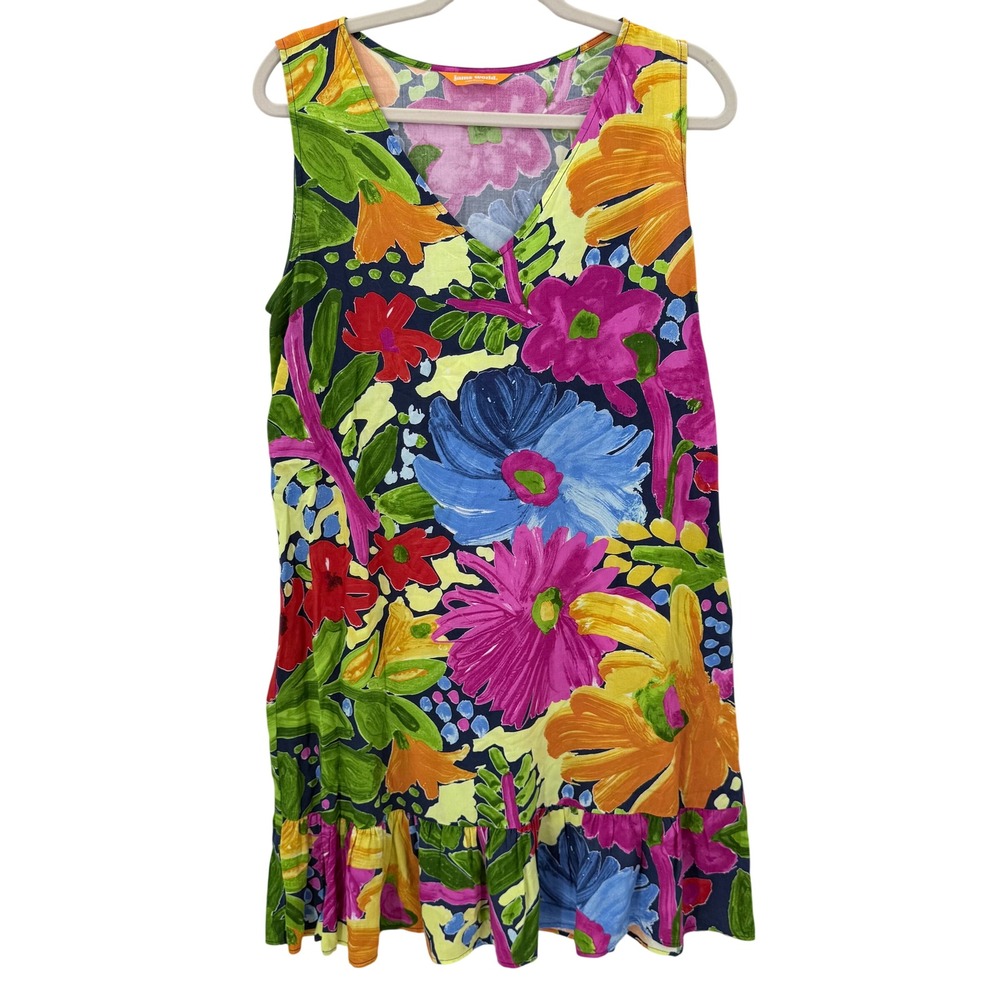 Jams World Honolulu Hawaii Floral Sleeveless Mini Dress V-Neck Ruffle Hem Large